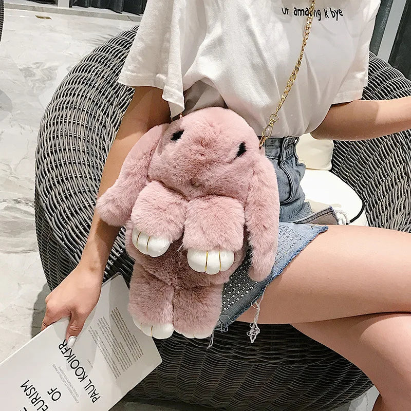 Cute Fluffy Rabbit Fur Pompoms Chain Bag Women Cartoon Rabbit Sling Bag Fluffy Bunny Shoulder Plush Backpack Girls Birthday Gift