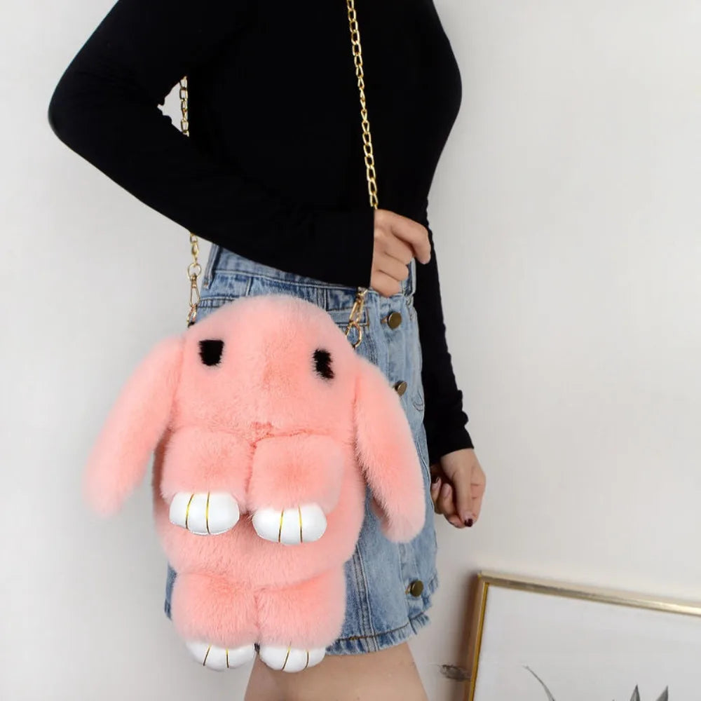 Cute Fluffy Rabbit Fur Pompoms Chain Bag Women Cartoon Rabbit Sling Bag Fluffy Bunny Shoulder Plush Backpack Girls Birthday Gift