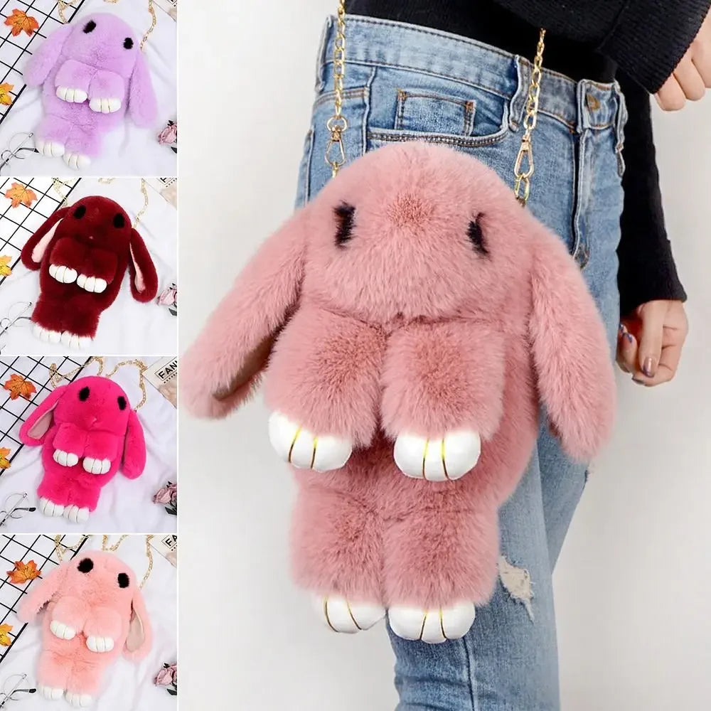Cute Fluffy Rabbit Fur Pompoms Chain Bag Women Cartoon Rabbit Sling Bag Fluffy Bunny Shoulder Plush Backpack Girls Birthday Gift